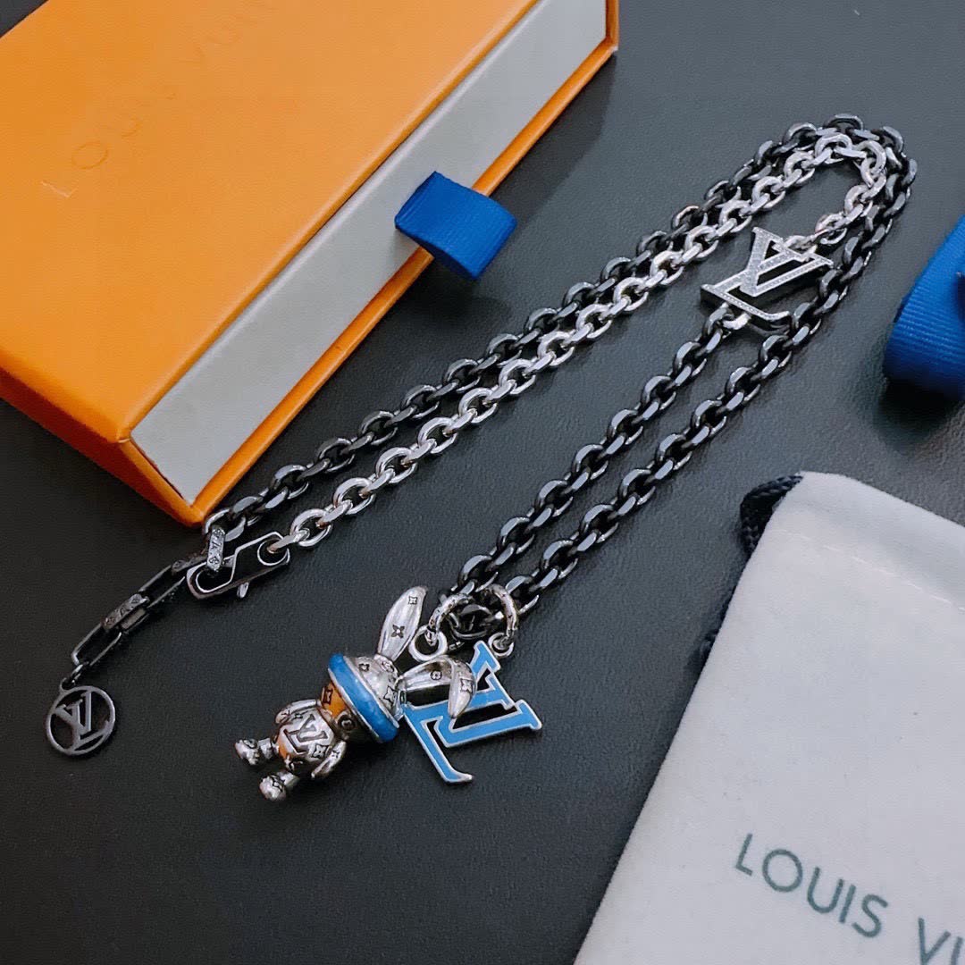 Louis Vuitton Silver Chain Necklace with LV Logo and Bunny Charm